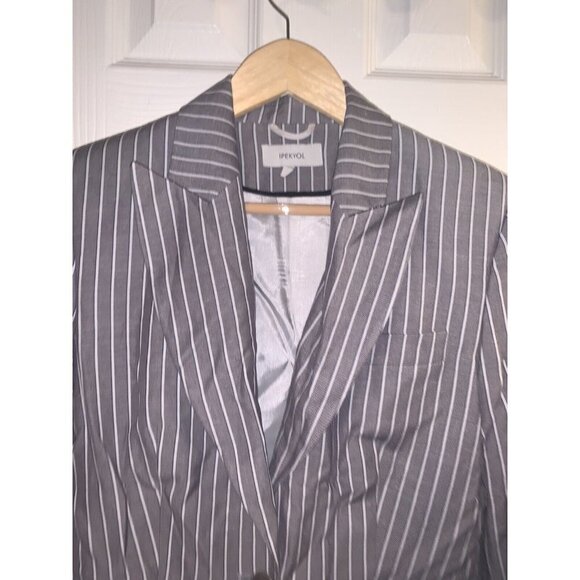 IPEKYOL Gray White Striped One Button Linen Blend Casual Career Blazer Size 8 - Picture 3 of 12